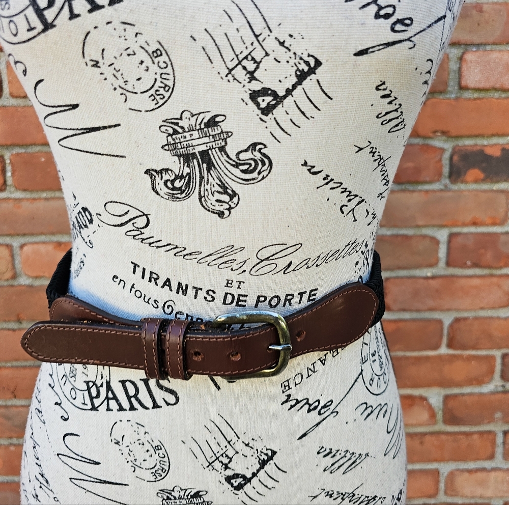 VTG Brown Leather & Black Braided Fabric Belt w/ Brass Buckle – Adjustable M/L –